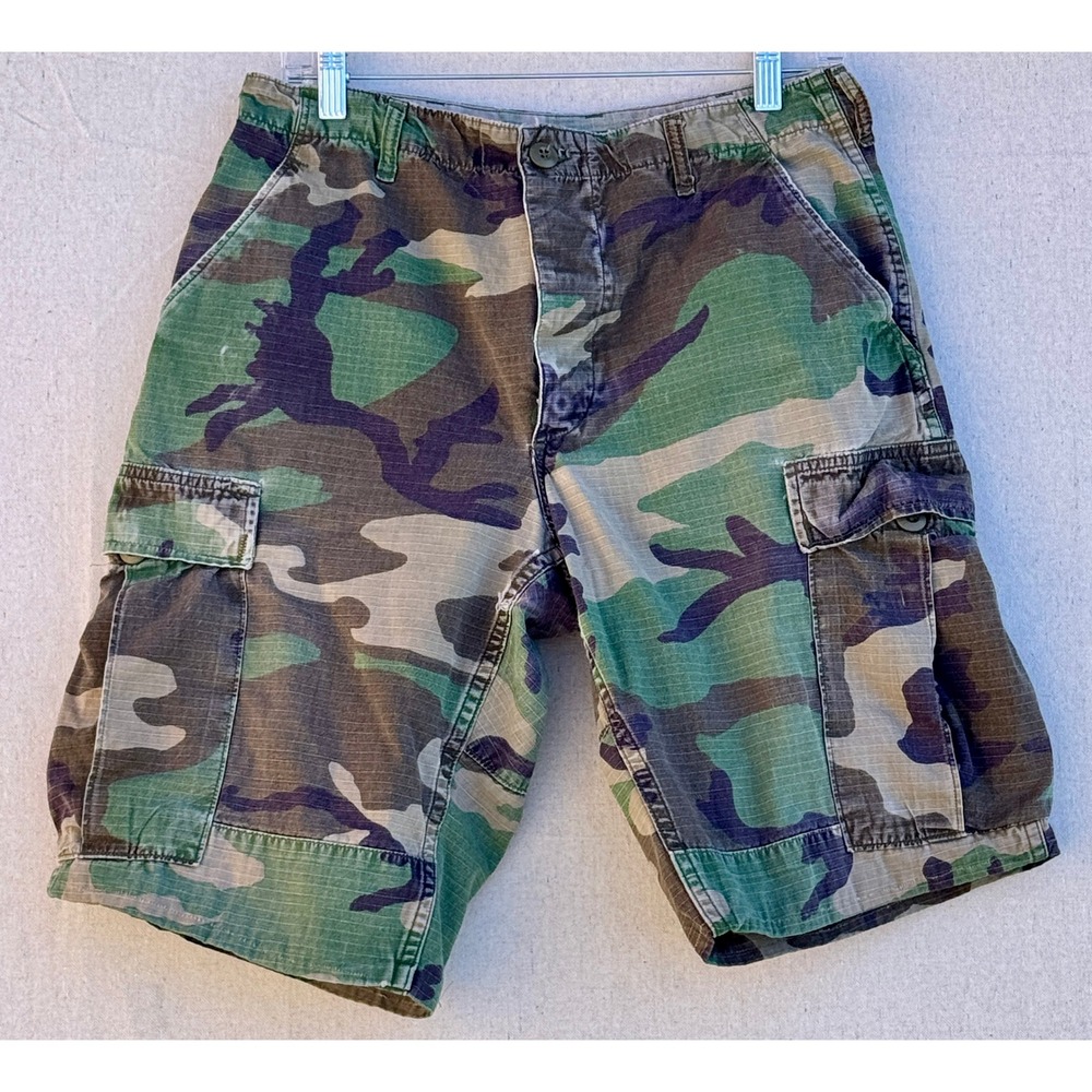 Vintage US Military Woodland Camo Cargo Shorts Ripstop Small Regular Adjustable